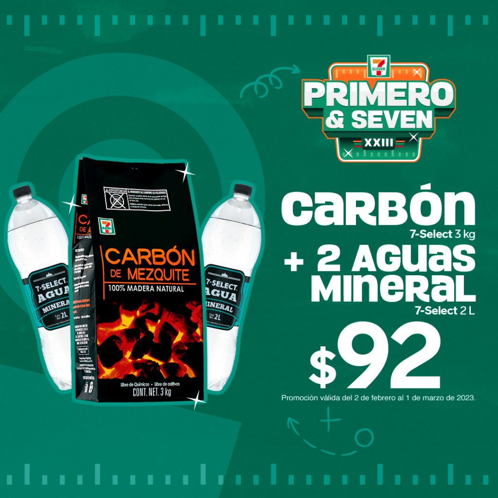 Carbón 7-Select de 3 kilos más 2 Agua Mineral 7-Select de 2 litros por 92 pesos.